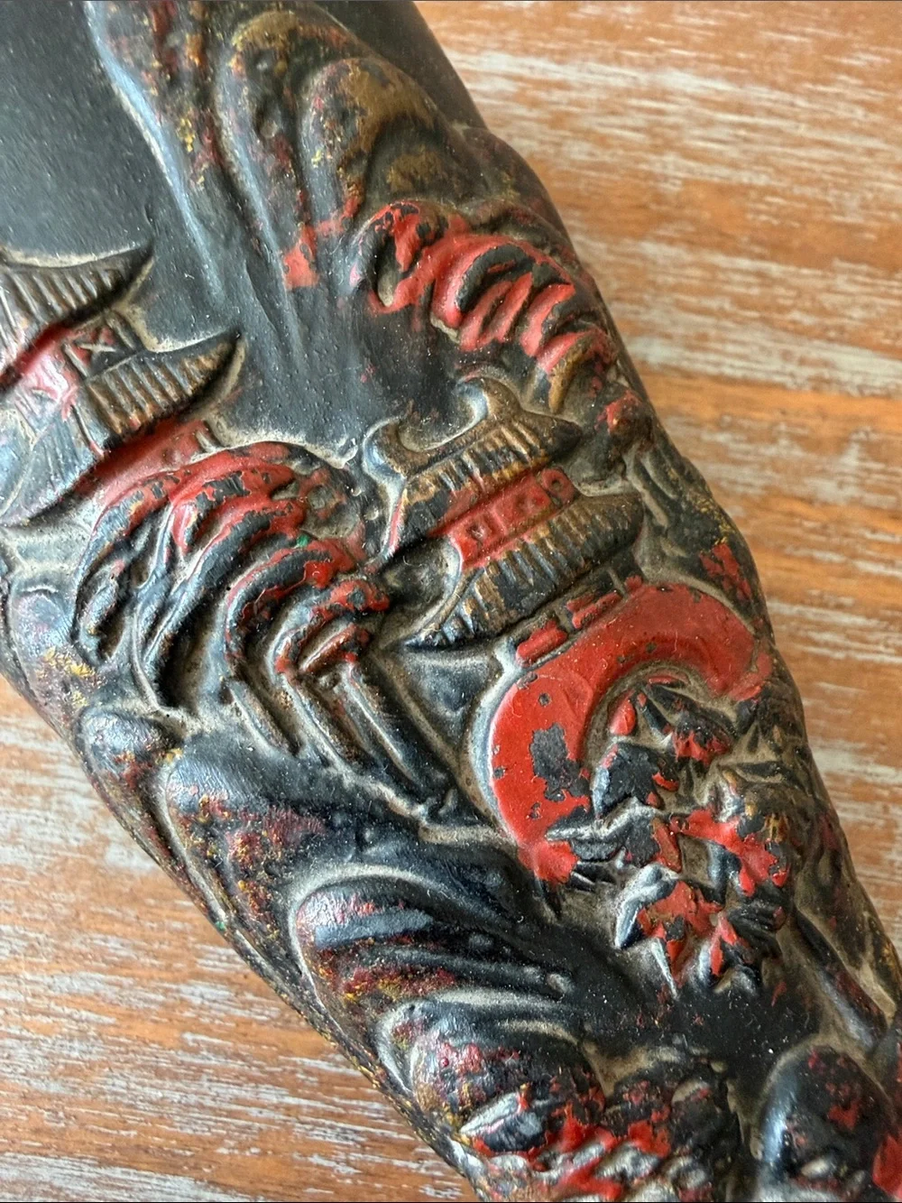 Decorative Black and Red Asian-Inspired Carved Horn Vase